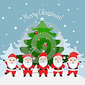 Santa Claus and Decorated Christmas tree. Merry Christmas and Happy New Year background. Vector illustration