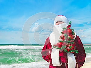 Santa Claus with decorated christmas tree on tropical sea beach
