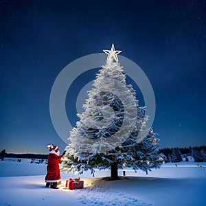 Santa Claus decorating Christmas tree