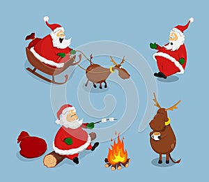 Santa Claus and deer in cartoon style. Isolated image of christmas characters. New Year`s scene