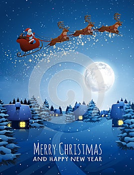 Santa Claus on deer Flying Sleigh with reindeers. Christmas Landscape snow Fir Tree at Night and Big Moon. Concept for