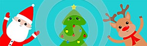 Santa Claus Deer Raindeer holding hands up. Peeking from corner. Merry Christmas tree. Fir-tree icon. Cute cartoon kawaii funny