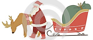 Santa Claus with deer and sled full of presents