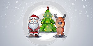 Santa Claus and a deer stand on the background of a Christmas tree among the falling snow. Composition of three objects.