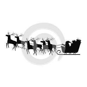 Santa Claus with deers sleigh outline black object isolated on white background. Greeting with Christmas, celebration art