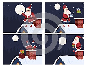 Santa Claus deliver gifts house roof chimney set vector illustration delivering Christmas presents