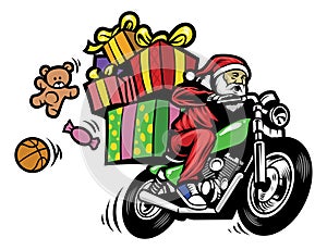 Santa claus delivering the christmas gift by riding a motorcycle