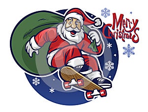 Santa claus delivering the christmas gift by riding a skateboard