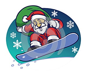 Santa claus delivering the christmas gift by riding a snowboard