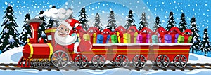 Santa Claus Delivering gifts driving steam locomotive snow