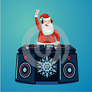Santa Claus dj with vinyl turntable. Christmas music party poster. New Year nightclub music show
