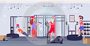 Santa claus doing exercises on stepper treadmill people training workout healthy lifestyle concept christmas new year