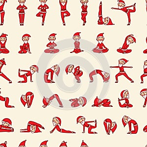 Santa Claus doing yoga asanas Christmas seamless pattern