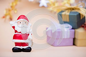 santa claus doll christmas background and gift box and copy space
