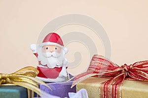 santa claus doll christmas background and gift box and copy space