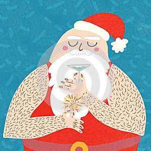 Santa Claus drinks champagne and holds in hand sparkler. Christmas and New year. Cartoon pop art vector drawing illustration.