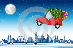 Santa Claus drive red car fly over world landmarks across snow with Christmas tree to send gifts to everyone