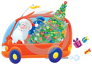 Santa Claus drives in his car