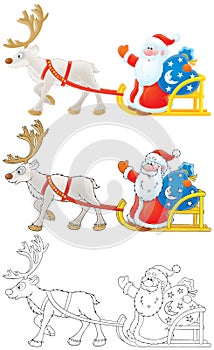 Santa Claus drives in sleigh with reindeer