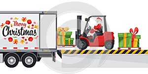Santa Claus driving a forklift loading gifts to a container truck at the loading and unloading dock. Concept for cargo logistics