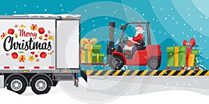 Santa Claus driving a forklift. Loading gifts to a container truck at the loading and unloading dock. Concept for cargo logistics