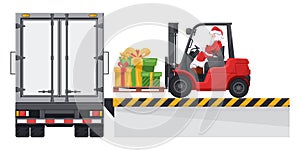 Santa Claus driving a forklift loading gifts to a container truck at the loading and unloading dock. Concept for cargo logistics