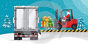 Santa Claus driving a forklift. Loading gifts to a container truck at the loading and unloading dock. Concept for cargo logistics