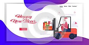 Santa claus driving forklift truck loading colorful gift present boxes merry christmas happy new year holiday