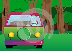 Santa Claus driving, holding a steering wheel.