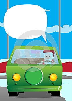 Santa Claus driving, holding a steering wheel.