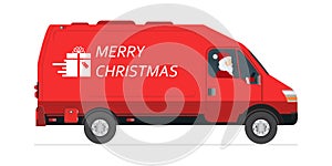 Santa Claus driving a red courier van