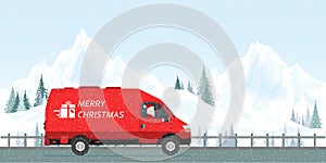 Santa Claus driving a red courier van under the snow