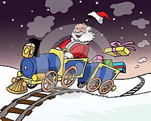 Santa Claus driving a train with gifts