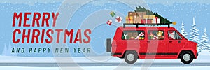 Santa Claus driving a van and carrying Christmas gifts