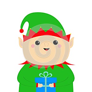 Santa Claus Elf face head icon. Gift box. Green hat. Merry Christmas. New Year. Cute cartoon funny kawaii baby character. Greeting