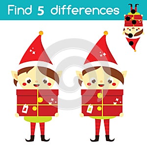 Santa Claus elf. Find the differences educational children game. Kids activity fun page. Christmas, New Year theme