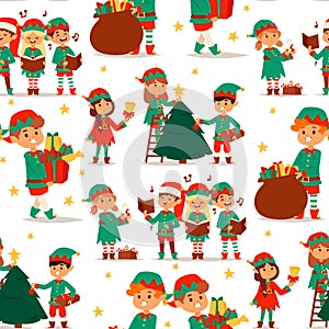 Santa Claus elf kids cartoon elf helpers vector illustration children elves characters traditional costume seamless