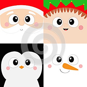 Santa Claus Elf Penguin bird Snowman square face head icon set. Merry Christmas. New Year. Cute cartoon funny spooky baby