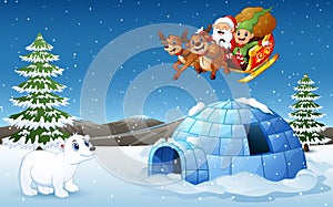 Santa Claus and elf riding deer sleigh flying over hill with polar bear and igloo