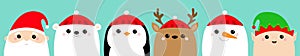 Santa Claus Elf White polar bear Raindeer Deer Snowman Penguin bird face icon set. Merry Christmas. New Year. Cute cartoon funny