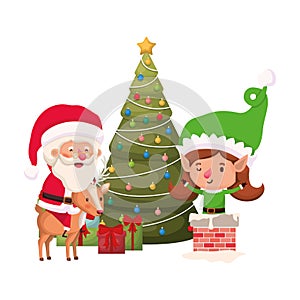 Santa claus and elf woman with christmas tree