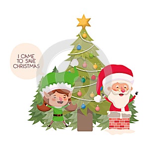 Santa claus and elf woman with christmas tree