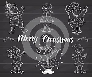 Santa Claus and elfs, gnomes Hand drawn set. Merry Christmas lettering. vector illustration on chalkboard.