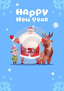 Santa Claus With Elfs On Happy New Year Greeting Card Merry Christmas Holiday Concept