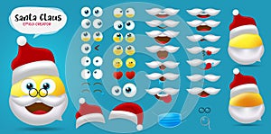 Santa claus emoji christmas vector creator set. Santa claus smileys character editable kit of face, mouth and eyes in different.