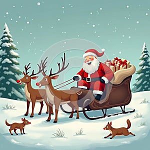 Santa Claus estÃ¡ listo para repartir regalos en su trineo tirado por renos en un paisaje nevado photo