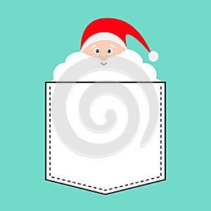 Santa Claus face with big white beard. Red hat. T-shirt pocket. Merry Christmas. Happy New Year. Greeting card. Cute cartoon funny