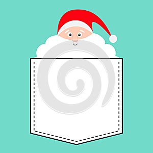 Santa Claus face with big white beard. T-shirt pocket. Red hat. Merry Christmas. Happy New Year. Greeting card. Cute cartoon funny