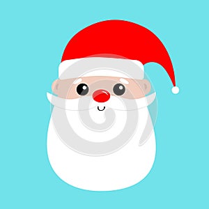 Santa Claus face head icon. Big red hat. Red nose. Merry Christmas. New Year. Moustaches, round beard, brow. Cute cartoon funny