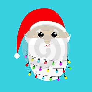 Santa Claus face head icon. Merry Christmas Light bulb garland on beard. Big red hat. New Year. Moustaches, brow. Cute cartoon